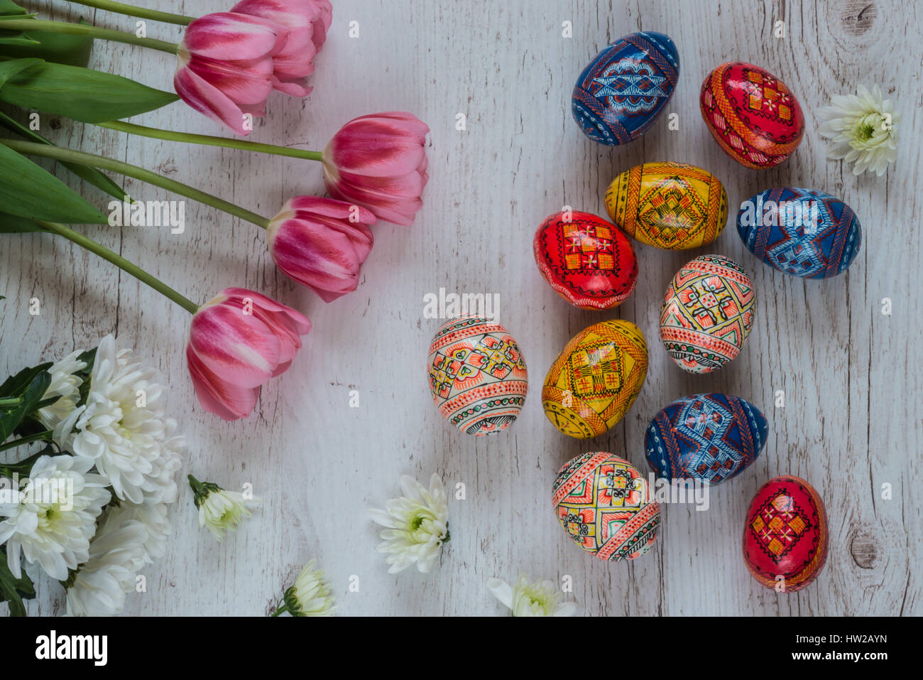 Easter Background with easter eggs and pink tulips on light wooden ...