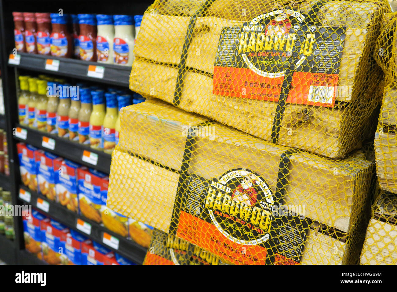 Net Packs of Fireplace /Sized Wood, D'Agostino Grocery Store in New York City, United States Stock Photo