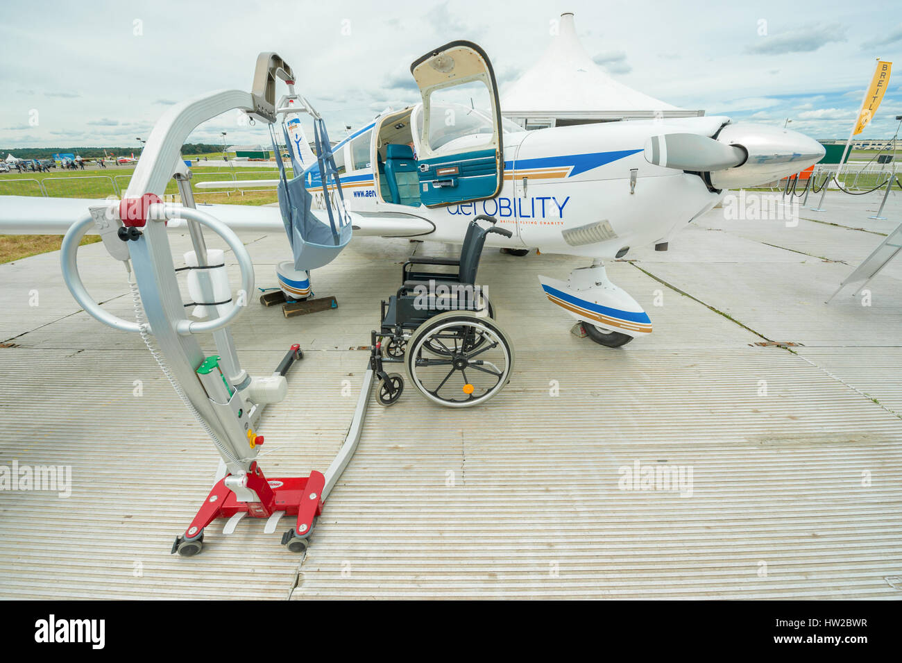 Equipment used by the UK Aerobility charity to assist pilots with disabilities, on display at the Farnborough Airshow Stock Photo