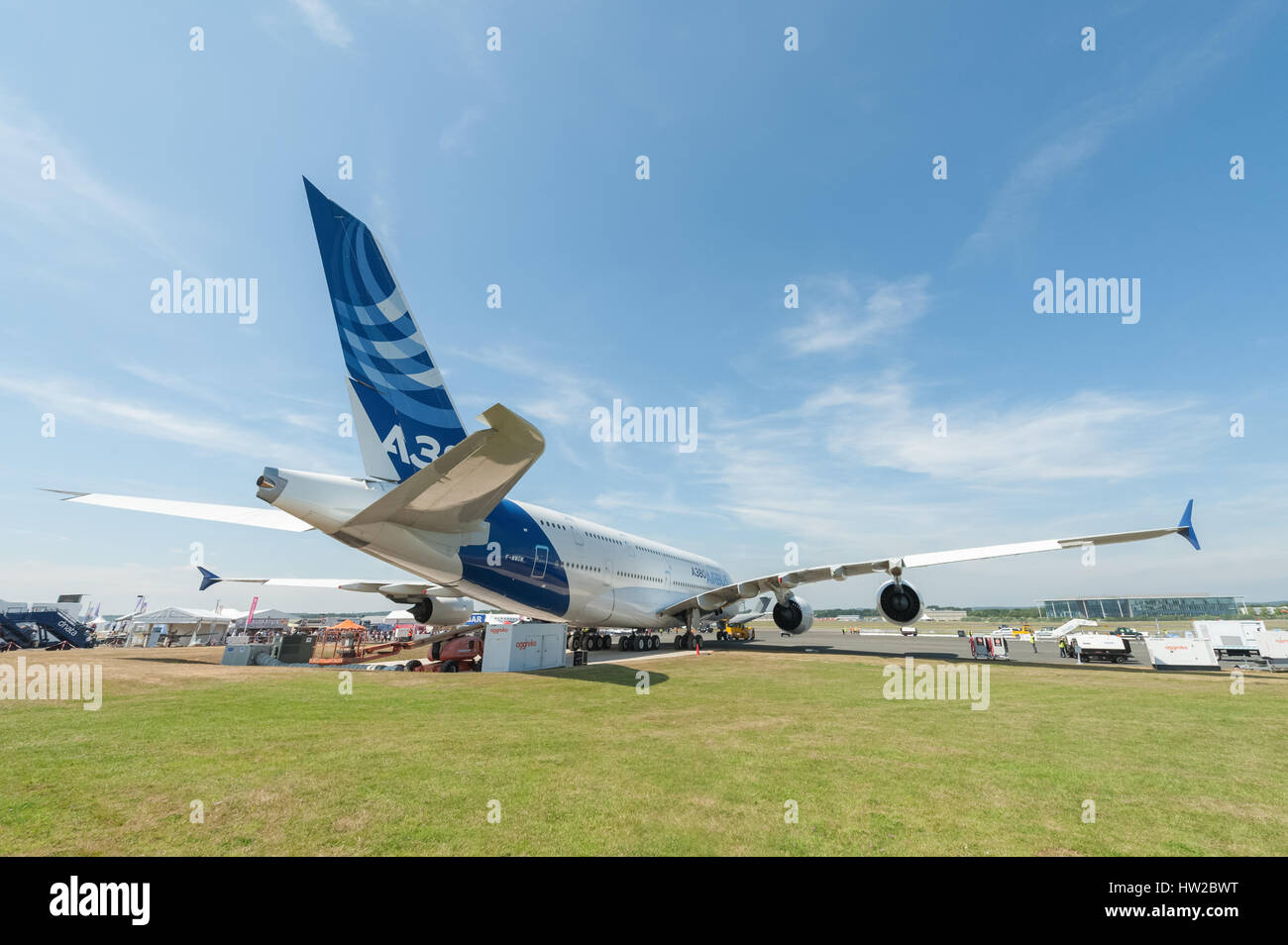 Double-decker Airbus A380 jet airliner on display at the Farnborough Airshow, UK Stock Photo