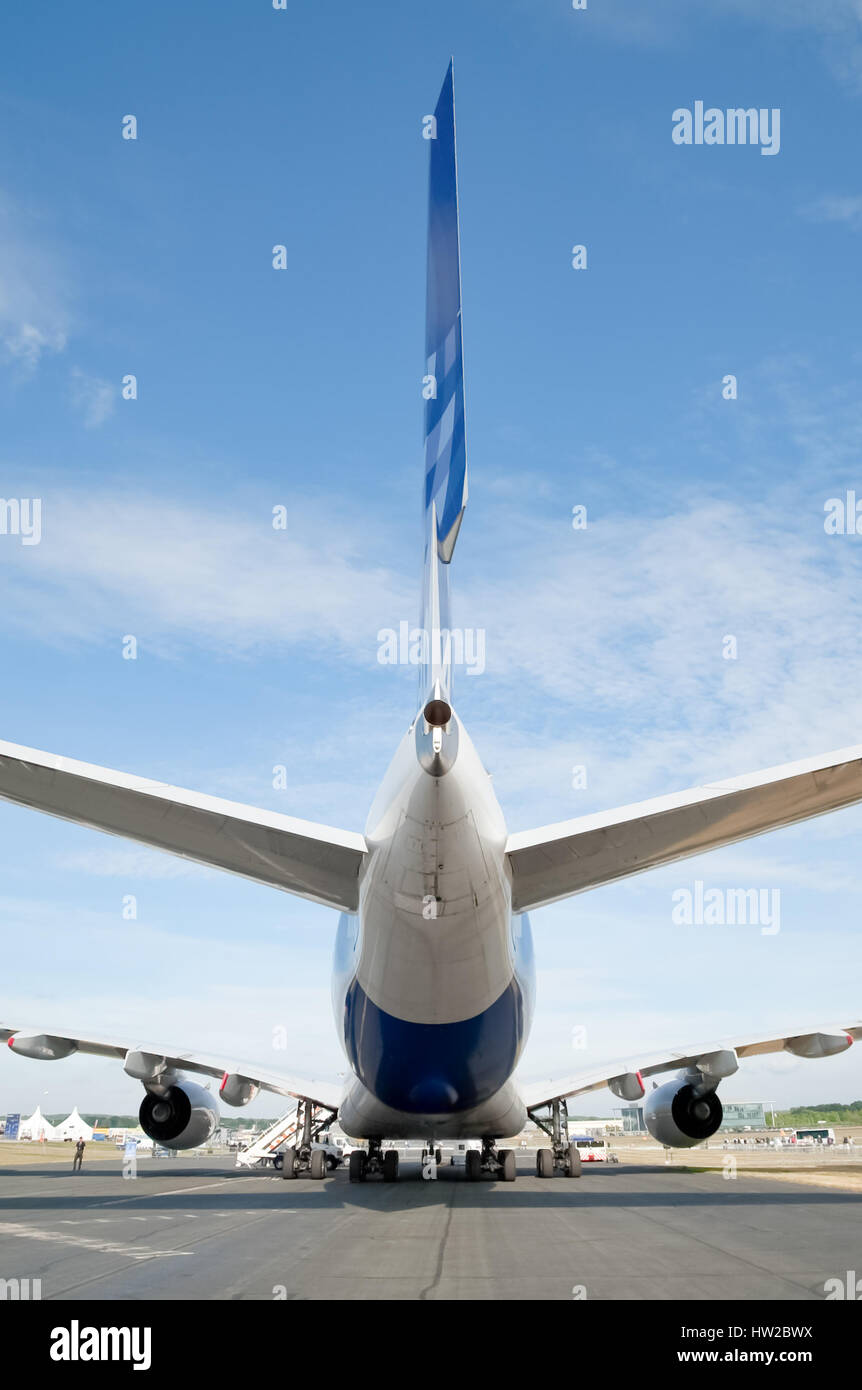 Wide view of Airbus A380 tail and rudder ailerons at the Farnborough Airshow, Hampshire, UK Stock Photo