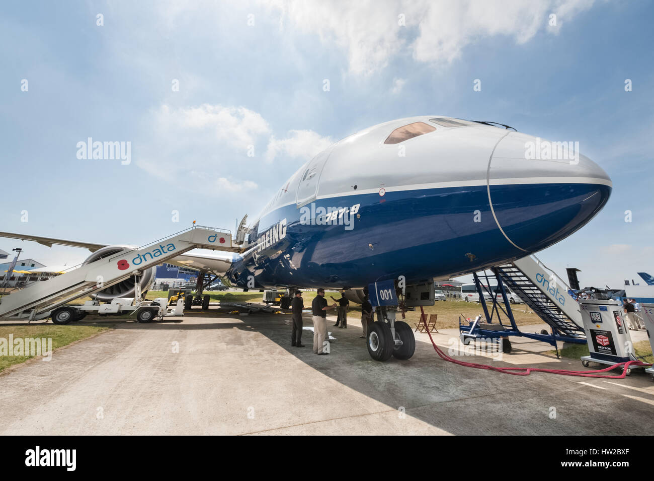 Wide-angle abstract of the new Boeing 787-9 Dreamliner airliner on static display at the Farnborough airshow, UK Stock Photo