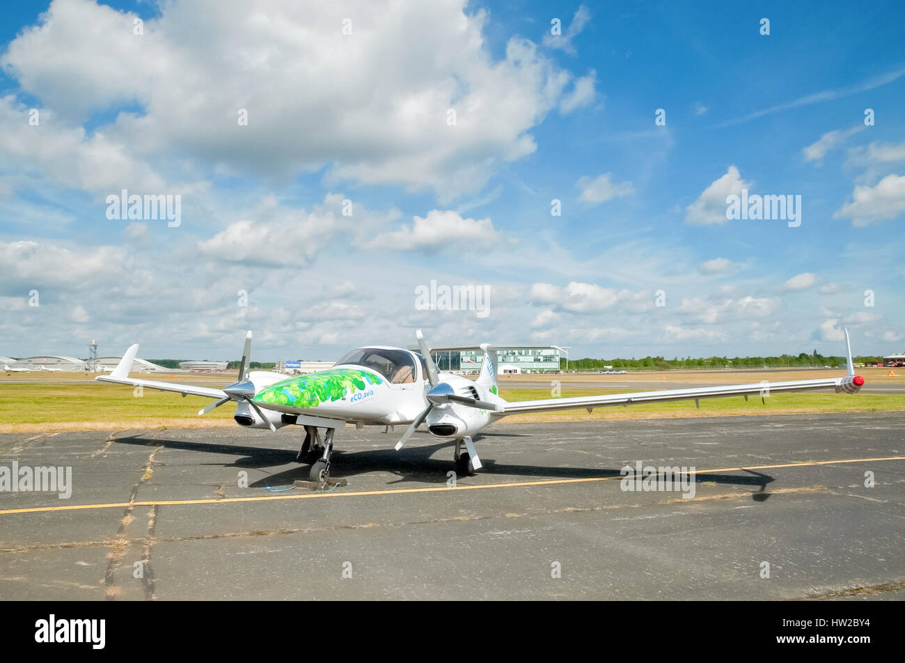 Green energy aircraft, a Diamond DA42, powered by algae biofuel on static display at the Farnborough Airshow, Hampshi Stock Photo