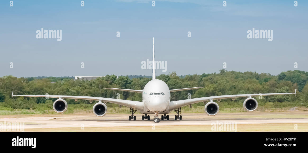 Panoramic Airbus A380 jet airliner taxiing at the Farnborough Airshow, Hampshire, UK Stock Photo