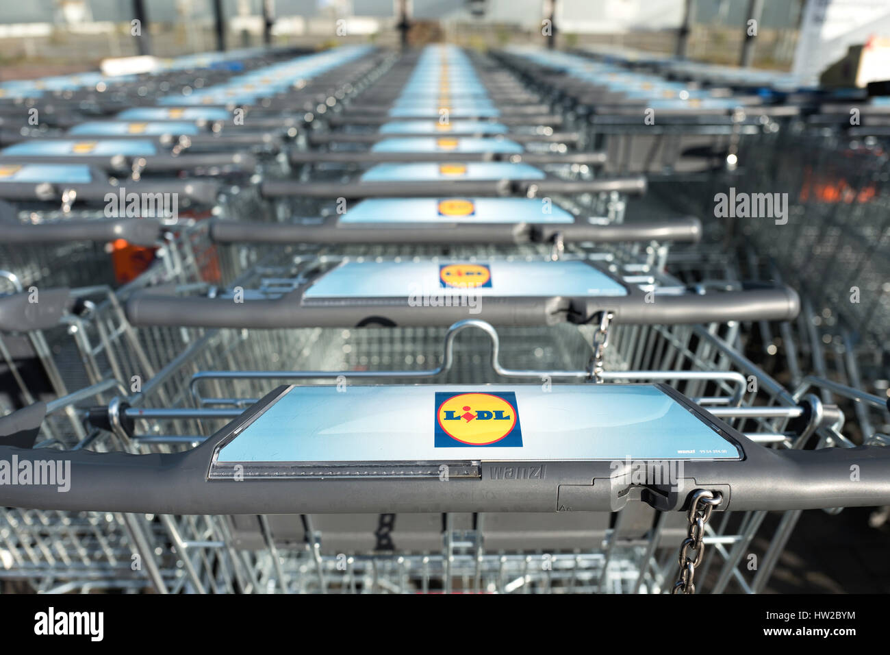 Lidl sign at shopping carts made by Wanzl. Lidl is the largest discount supermarket chain in Europe. Stock Photo