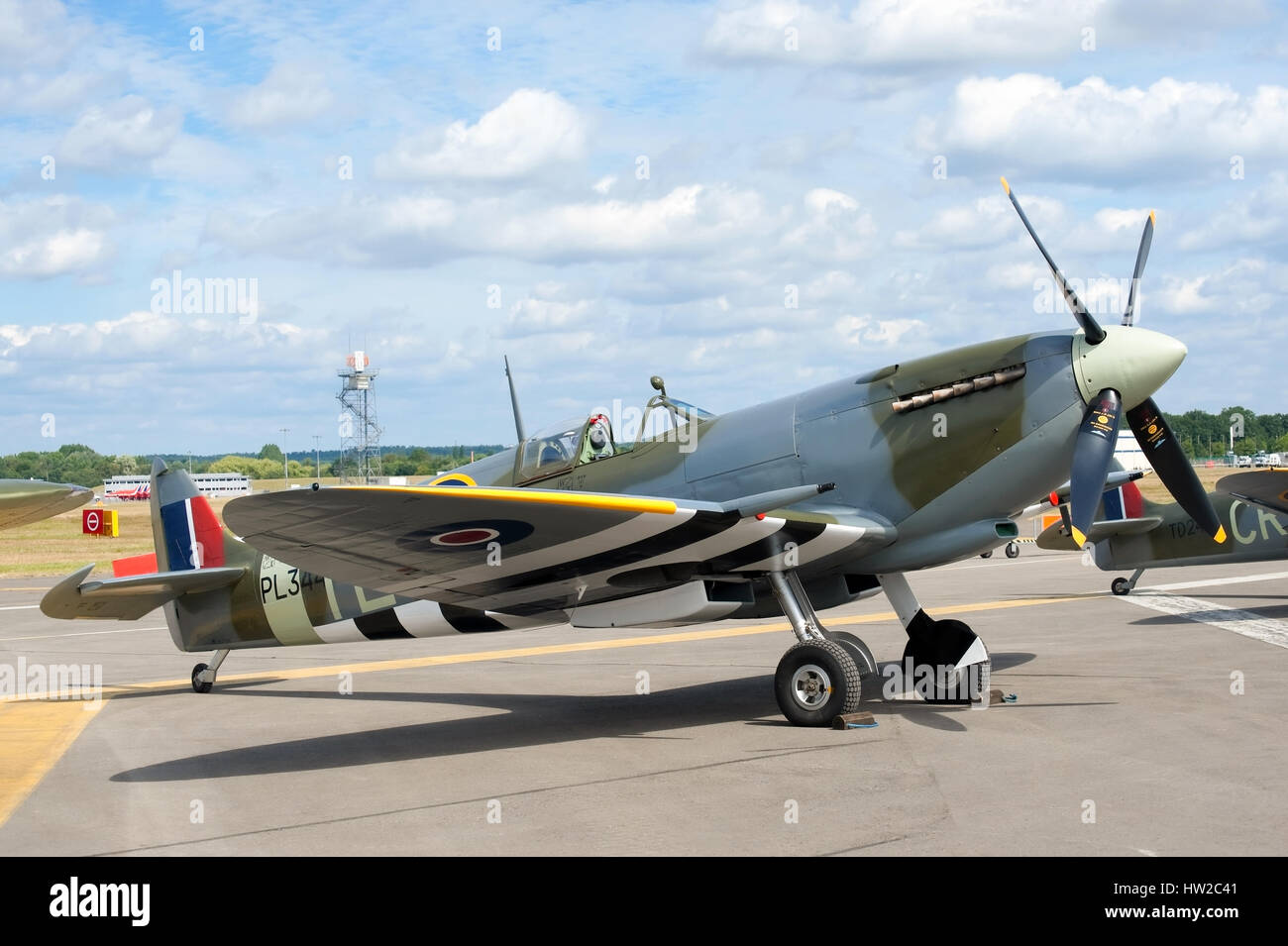 A beautifully restored WW2 Supermarine Spitfire on public display at the Farnborough Airshow, UK Stock Photo