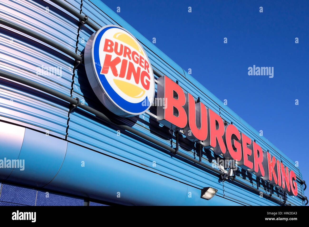 Burger King fast food restaurant.  Burger King is the second largest chain of hamburger fast food restaurants in terms of global locations. Stock Photo