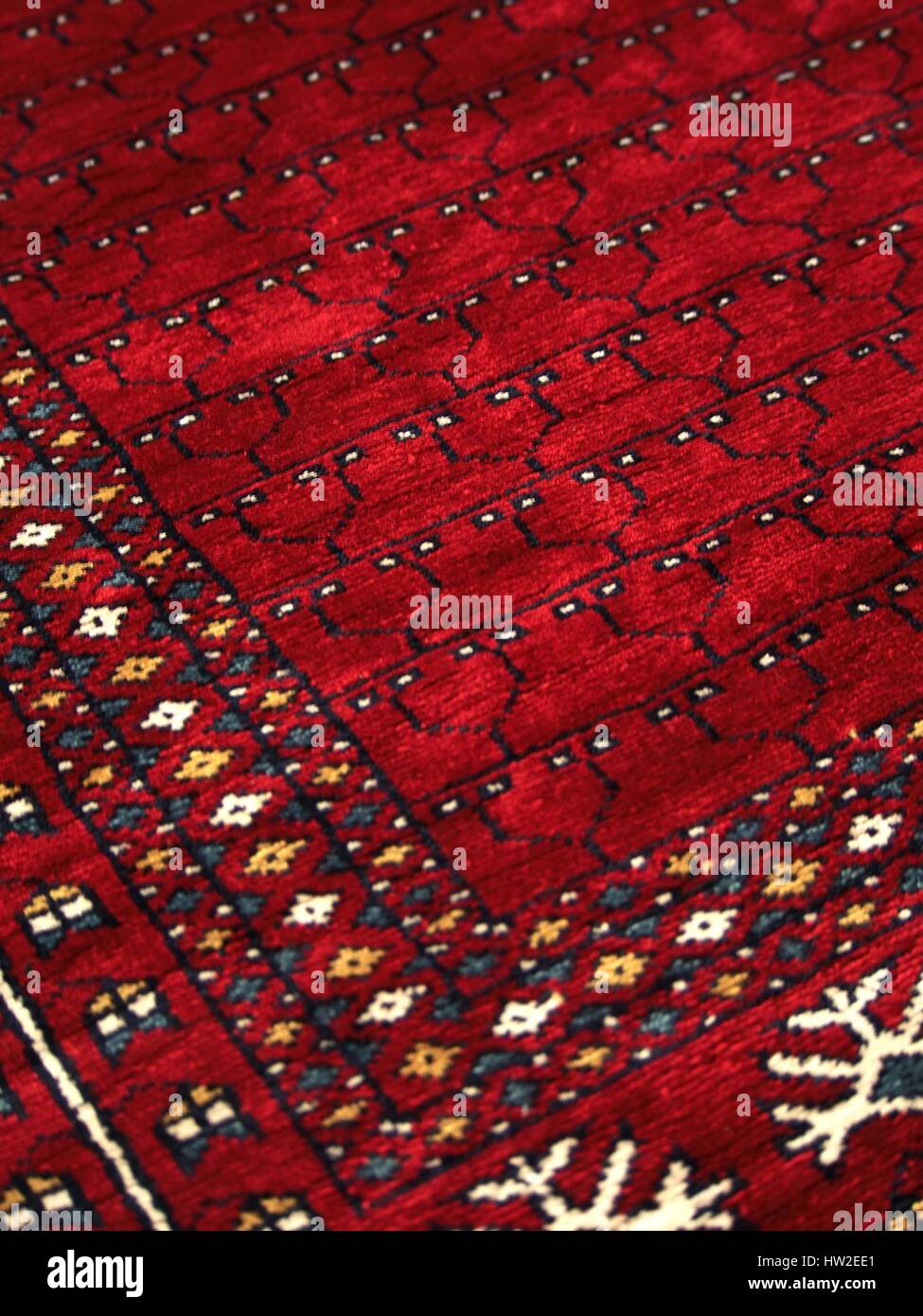 Detail of a rich, patterned handmade Indian rug. Stock Photo