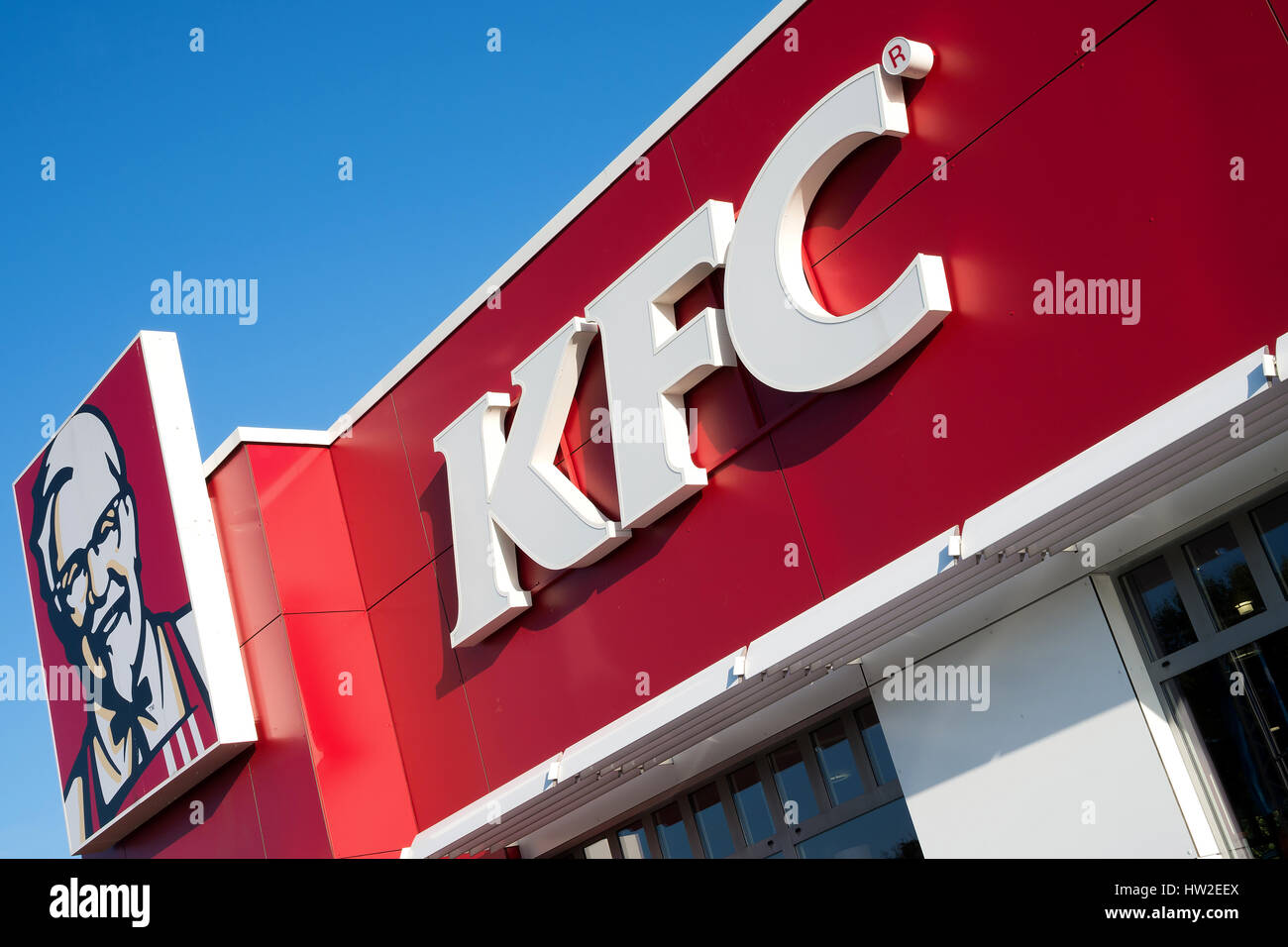 KFC fast food restaurant. Kentucky Fried Chicken (KFC) is the world's second largest restaurant chain with almost 20,000 locations globally. Stock Photo