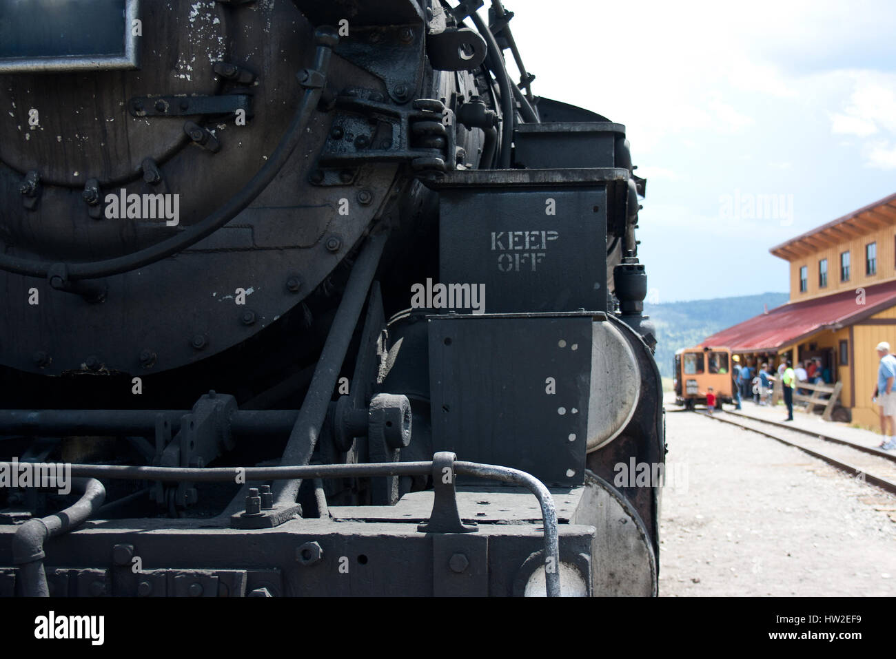 Detail of the front of a steam engine train in Colorado and New Mexico