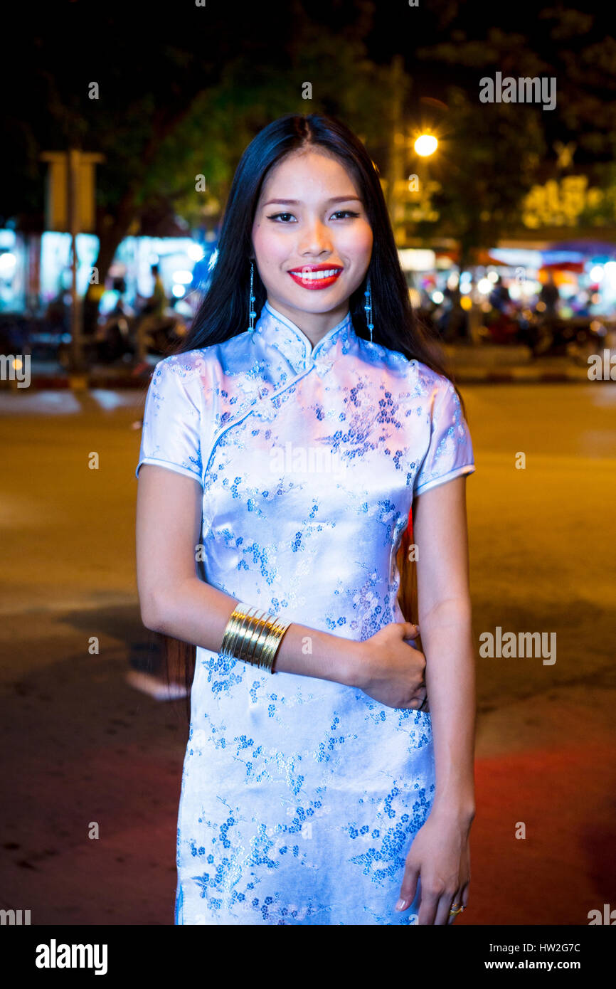 Portrait of smiling Asian woman wearing traditional clothing Stock Photo