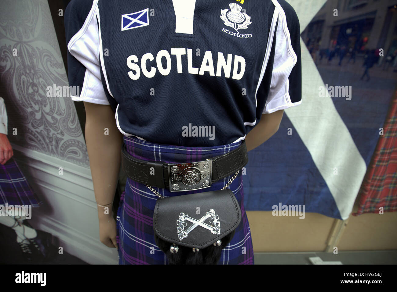 Scotland flag rugby shirt kilt sporran kitsch Stock Photo