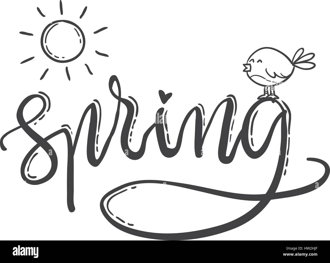 Hand drawn lettering spring. Sun and bird Stock Vector