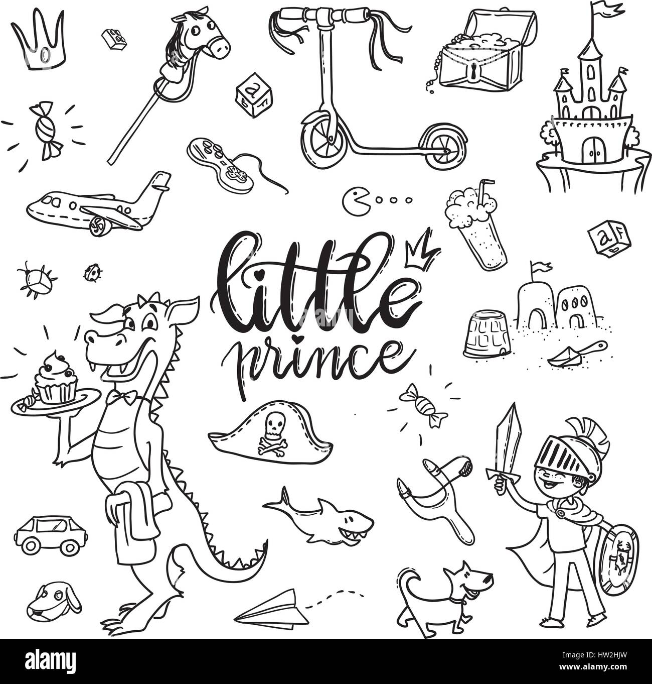 Little prince funny graphic set. Boy in armor and cloak, sword, dragon, scooter, the pirate chest, castle, dog, boys treasures, Isolated elements on a Stock Vector