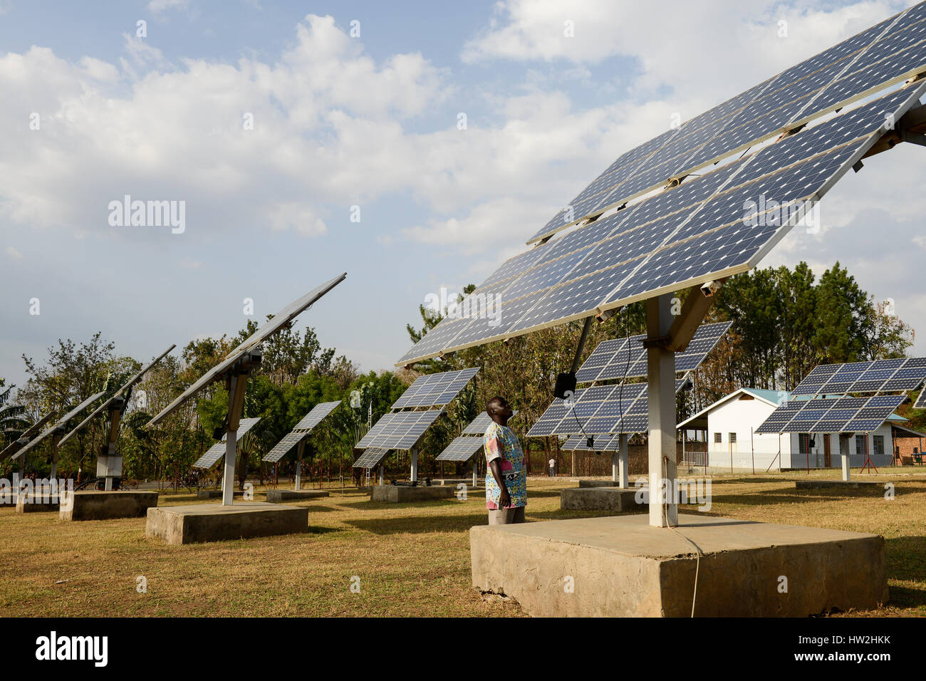 UGANDA, Arua, solar power, swingable solar panels for power supply of Radio station Radio Pacis / autarke Stromversorgung durch schwenkbare Photovoltaik Module fuer den Radiosender Radio Pacis Stock Photo