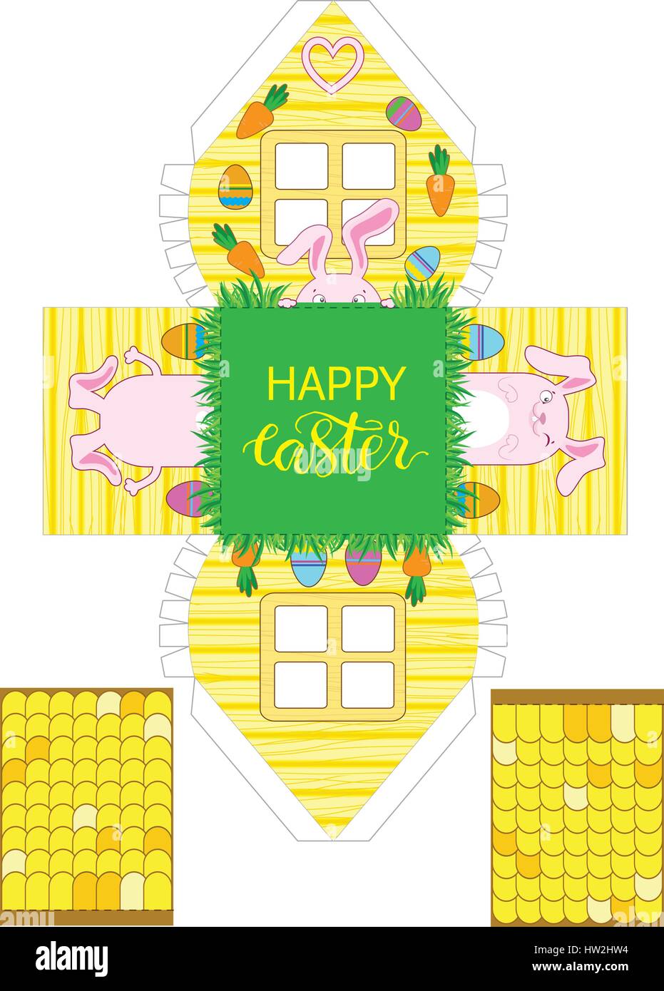 Printable gift easter house with banny, eggs and carrots. Easter Decor template 3 d house. Easy for installation - print, cut, fold it. House 3d Paper Stock Vector