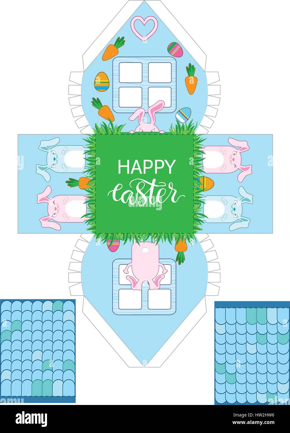 Printable gift easter house with banny, eggs and carrots. Easter Decor template 3 d house. Easy for installation - print, cut, fold it. House 3d Paper Stock Vector