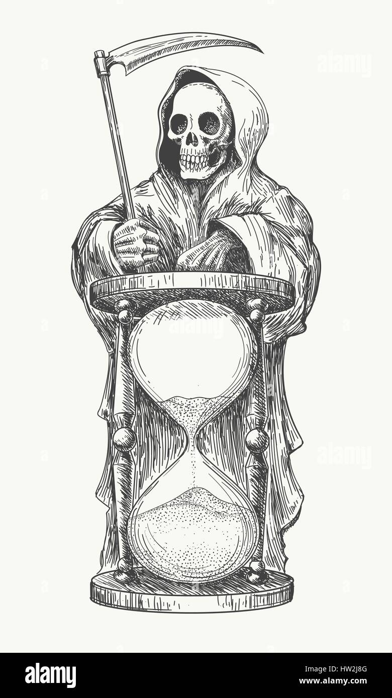 Death in hood with with a scythe and hourglass. Vector illustration in engraving style. Stock Vector