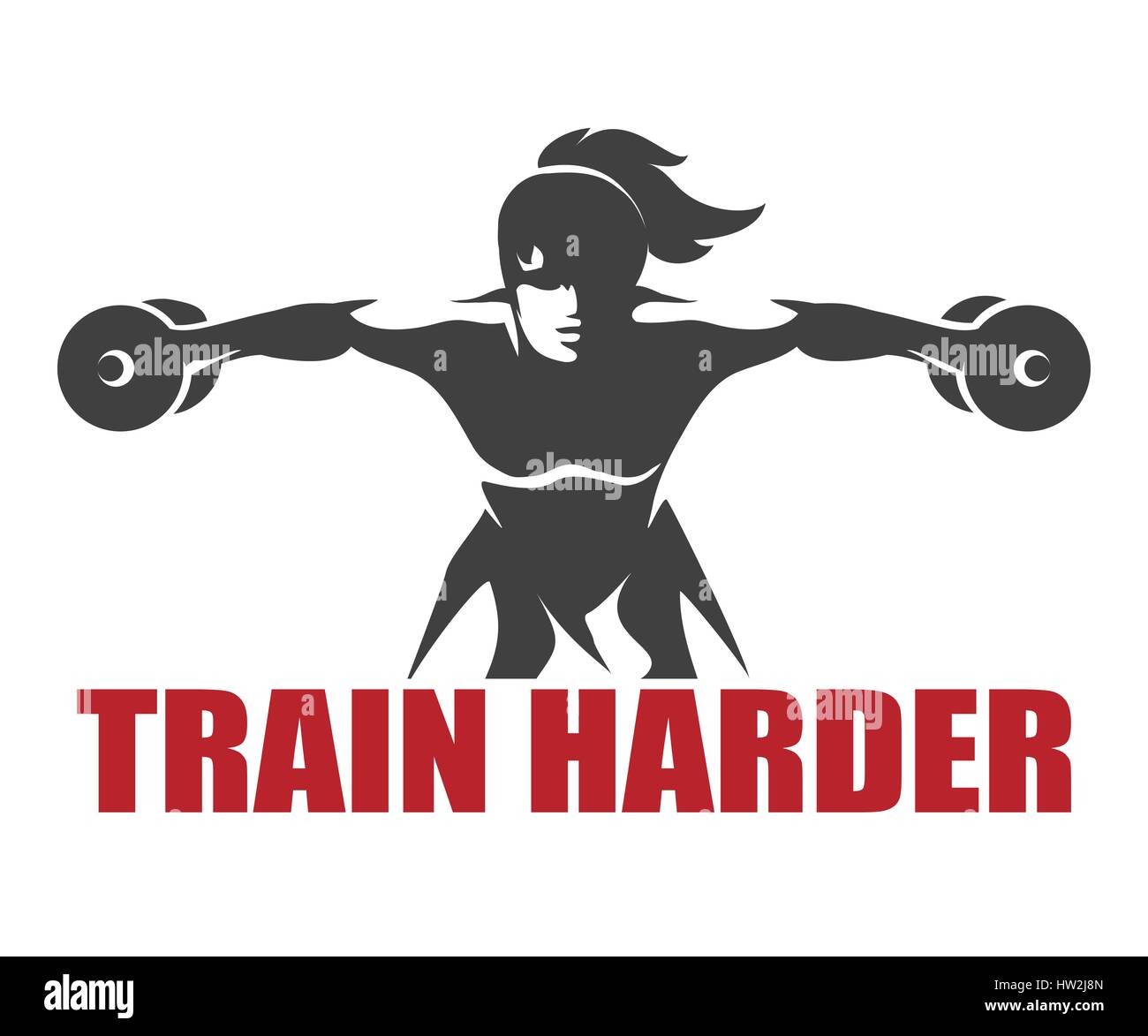 training athletic woman with dumbbells. Sport or fitness club emblem with slogan Train Harder. Vector illustration. Stock Vector