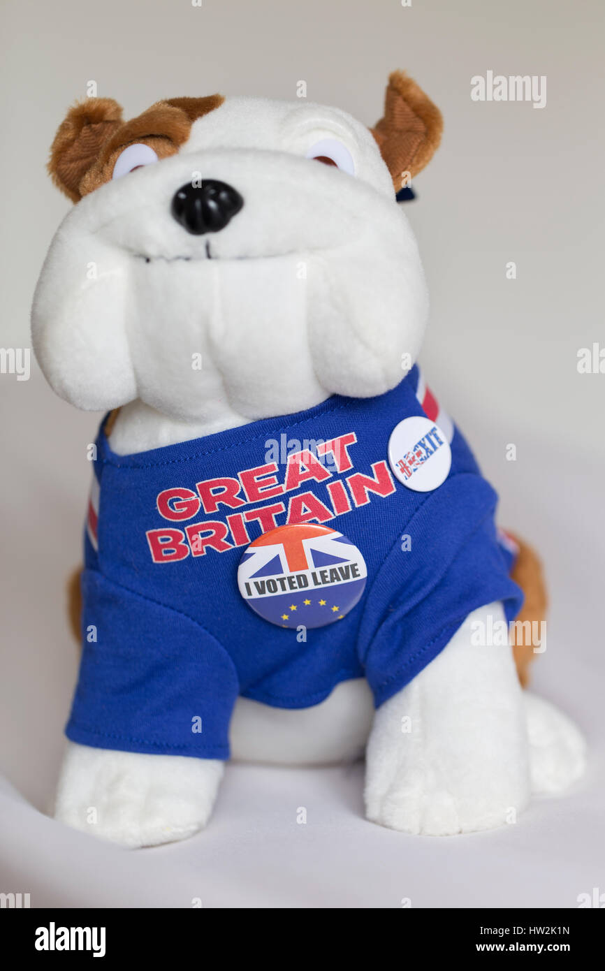 Bitish Bulldog softoy with 'Great Britain' embroidered top and Brexit badges one of which says 'I voted for Brexit'. Stock Photo