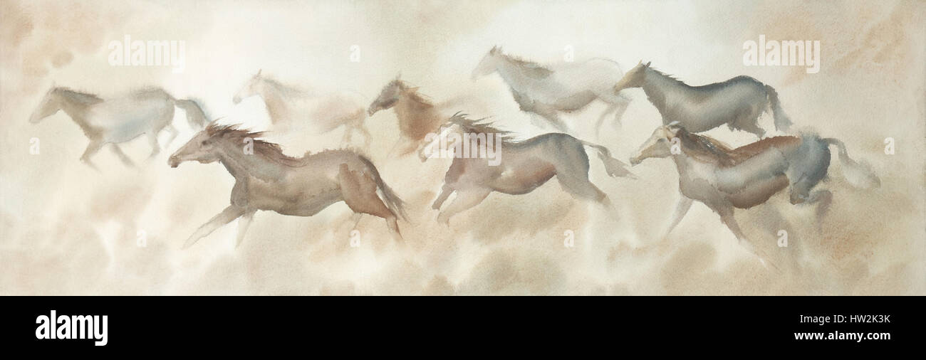 Herd of horses ridding watercolor Stock Photo