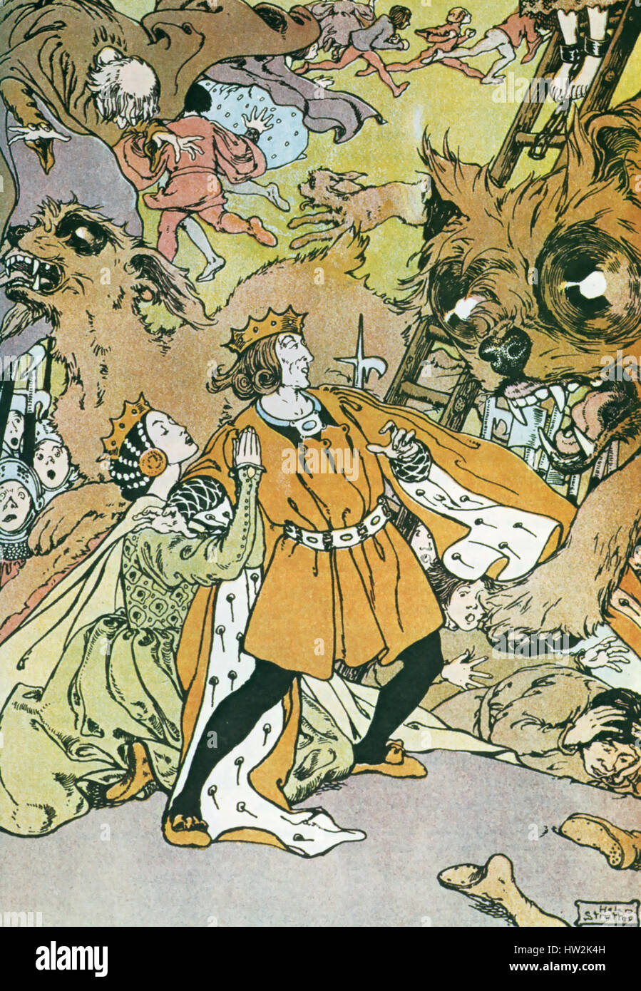 THE TINDER BOX by Hans Christian Anderson. A 1905 illustration by Helen  Stratton of the scene where the three dogs save the soldier Stock Photo -  Alamy