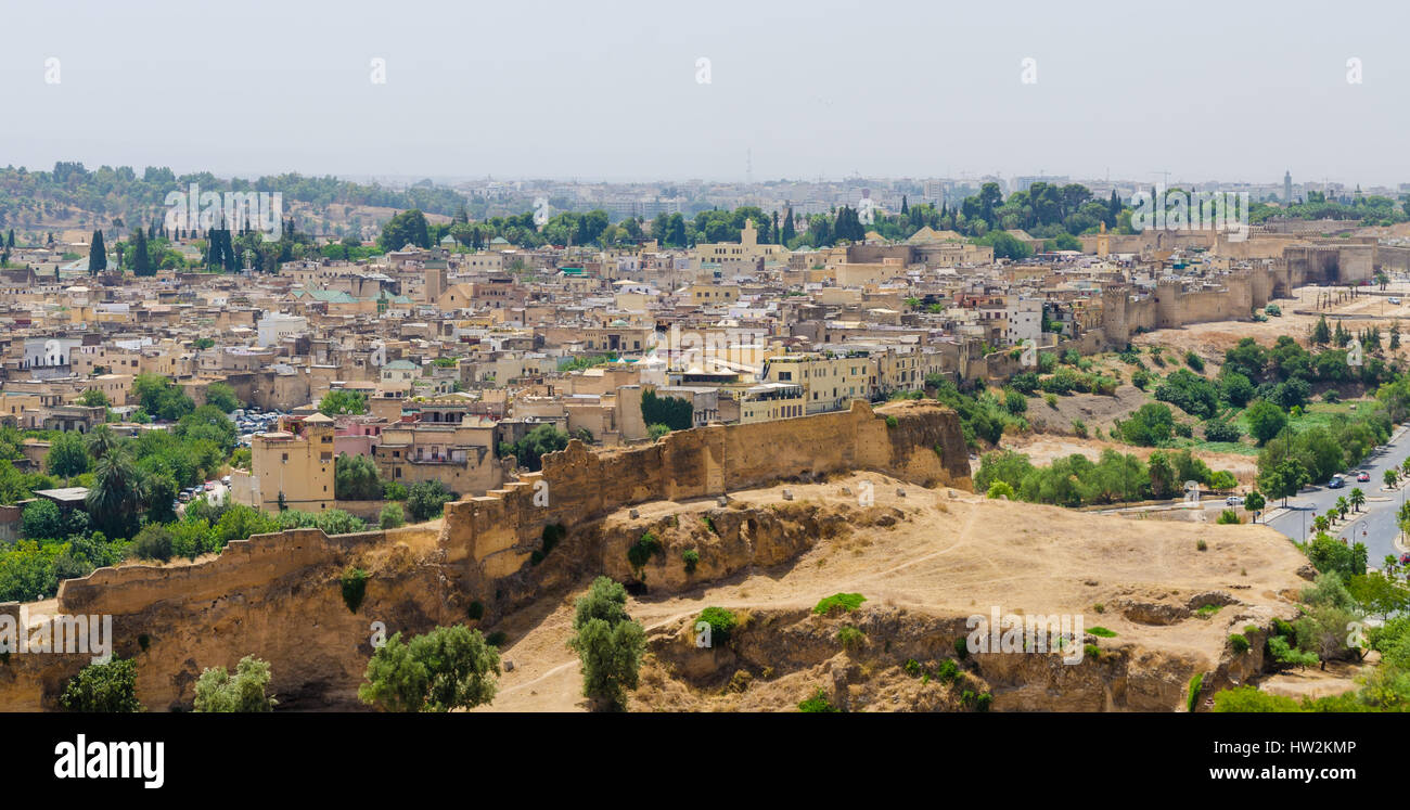Aerial view of historical Moroccan Arabic town Fez with its city wall and soukhs Stock Photo