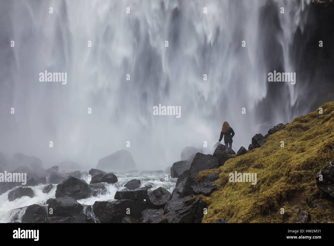 After the heavy rains, the Fossá waterfall became massive. Island of Streymoy. Faroe Island Stock Photo
