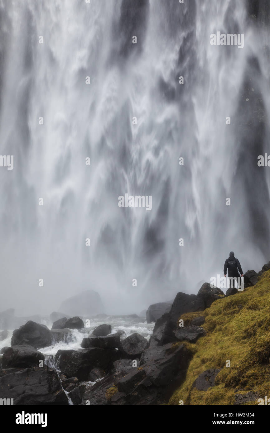 After the heavy rains, the Fossá waterfall became massive. Island of Streymoy. Faroe Island Stock Photo