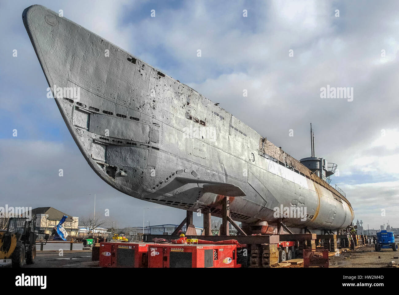 Merseytravel submarine U 534 gets cut into pieces at Birkenhead docks. It is now a static display at the Woodside ferry terminal in Birkenhead. Stock Photo