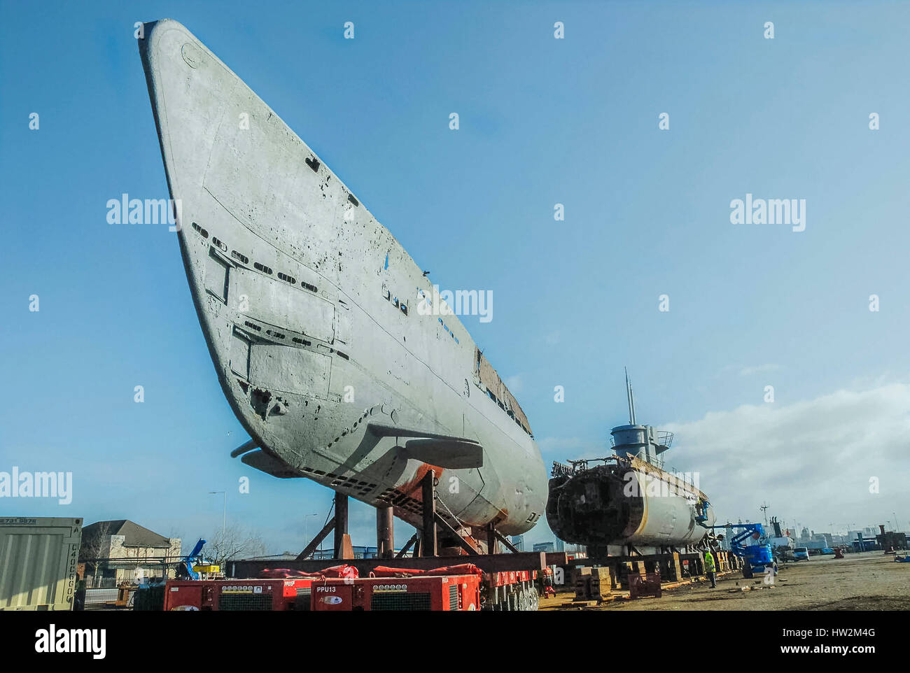 Merseytravel submarine U 534 gets cut into pieces at Birkenhead docks. It is now a static display at the Woodside ferry terminal in Birkenhead. Stock Photo