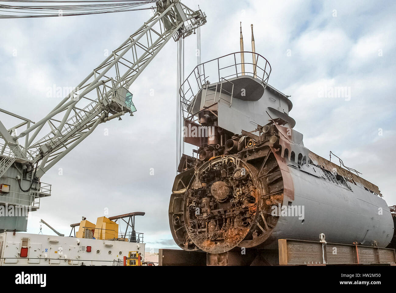 Merseytravel submarine U 534 gets cut into pieces at Birkenhead docks. It is now a static display at the Woodside ferry terminal in Birkenhead.