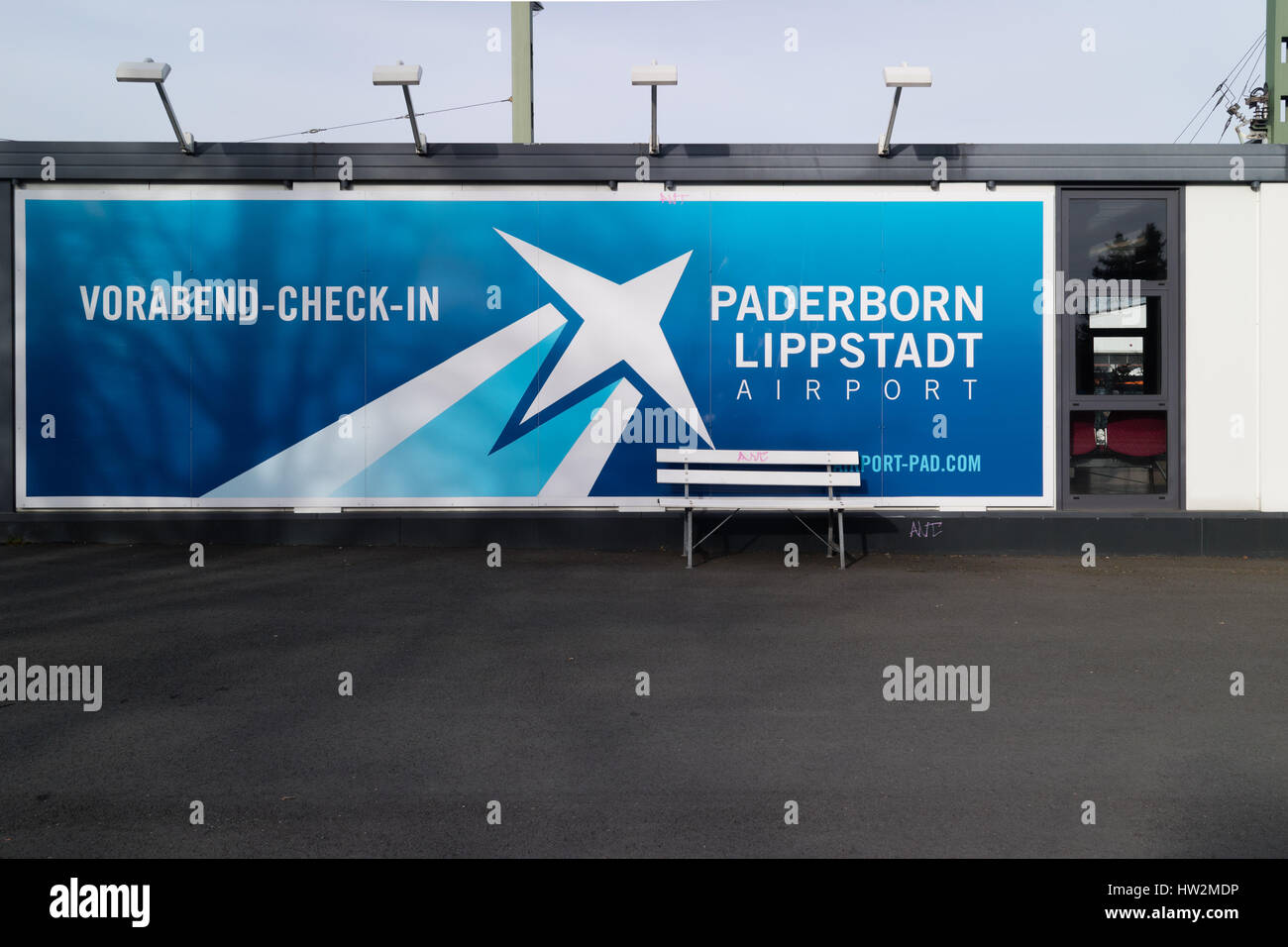 Sign at Bielefeld remote check-in for Paderborn-Lippstadt Airport, Germany Stock Photo