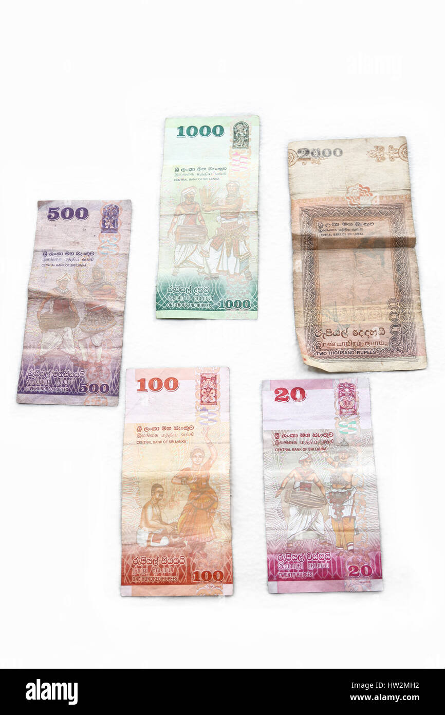 Sri Lankan Rupee Banknotes - Twenty, One Hundred, Five Hundred, One Thousand And Two Thousand Rupees Showing Sri Lankan Dancers On The Reverse Side Of Stock Photo