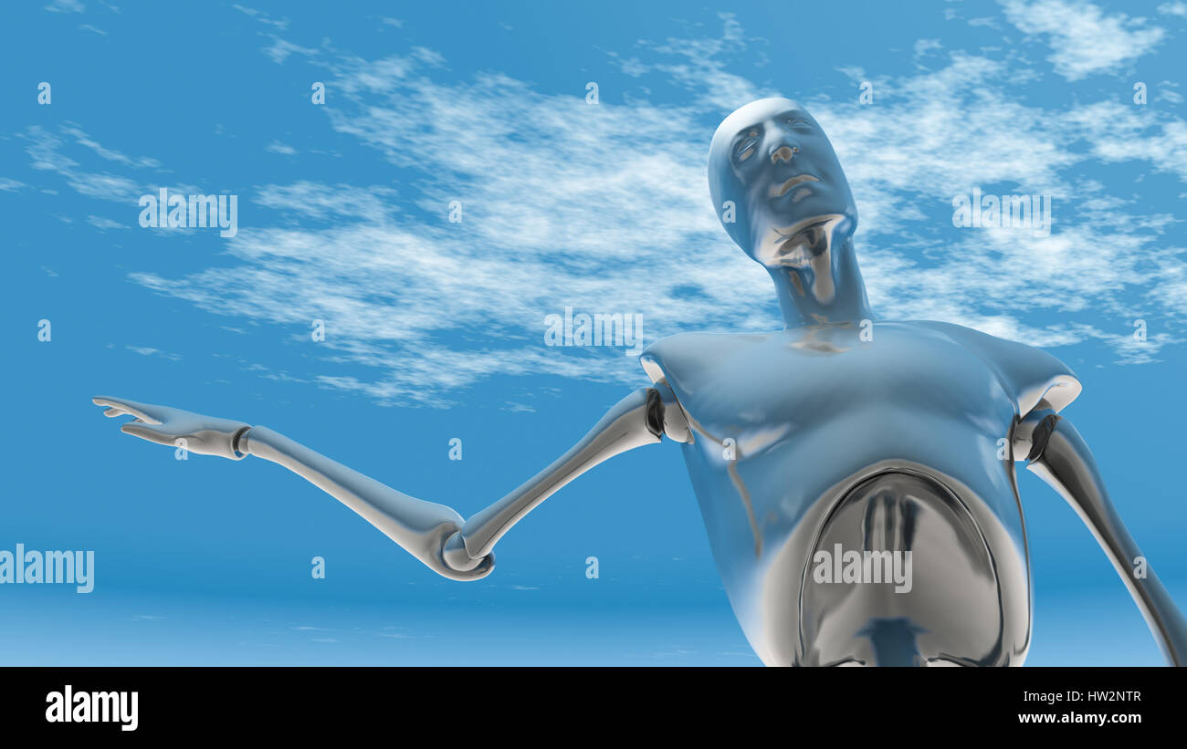 A future chrome robot in a position of presenting, 3D Illustration. Stock Photo