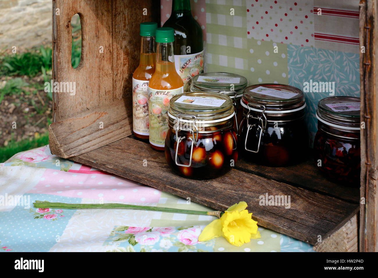 Homemade juice, pickles and jam for sale in small village of Lacock
