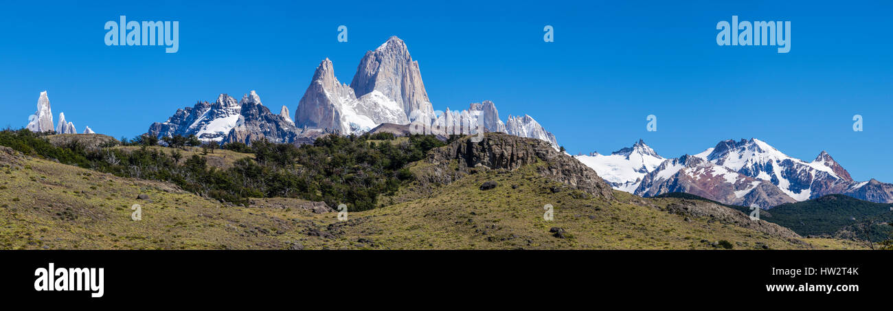 Panorama view of Fitz Roy and Cerreo Torre, seen from track to viewpoint Loma del Pliegue Tumbado, El Chalten, Los Glaciares National Park, Patagonia, Stock Photo