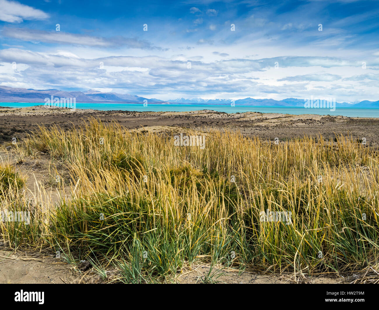 View over Lago Argentino, eastern shore, from road ruta 40, near El Calafate, Patagonia, Argentinia Stock Photo