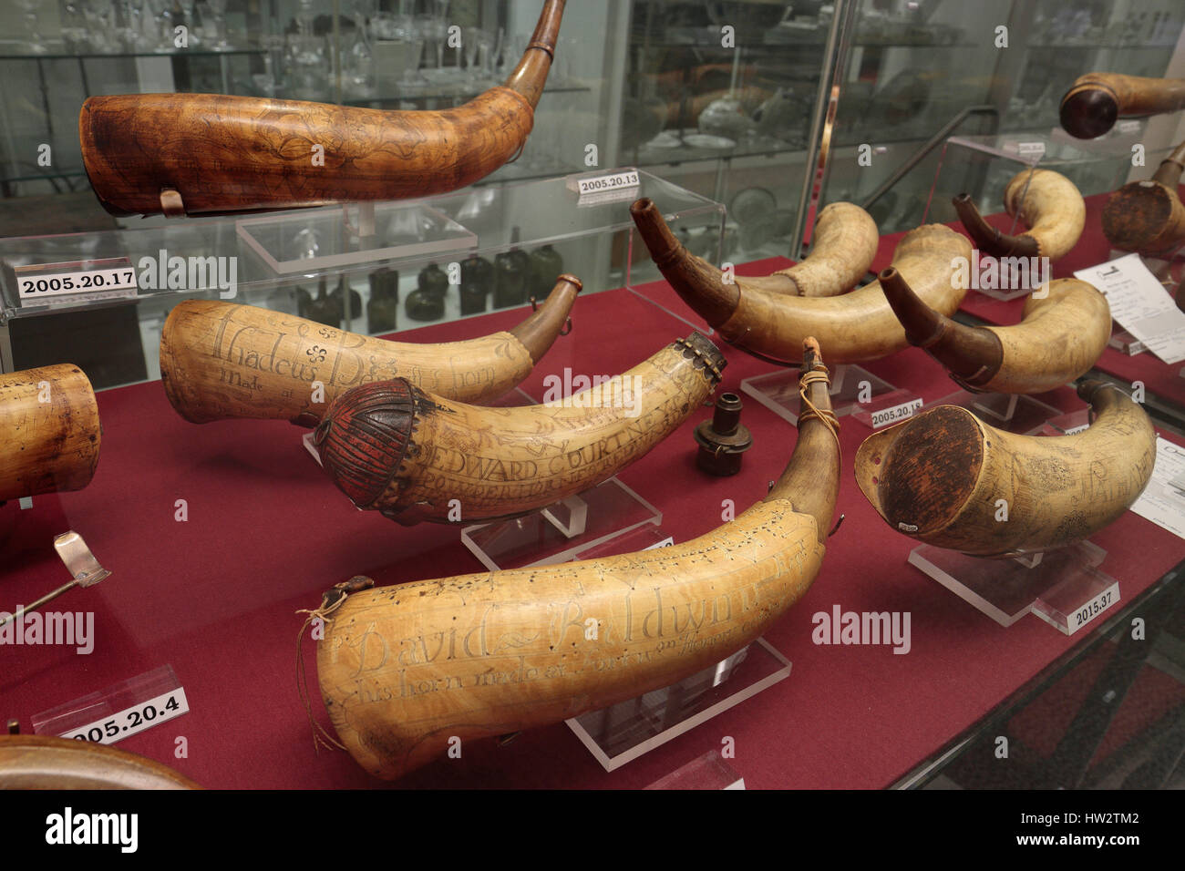 Powder horns on display in the Flynt Center of Early New England Life, Historic Deerfield, Franklin County, Ma, United States. Stock Photo