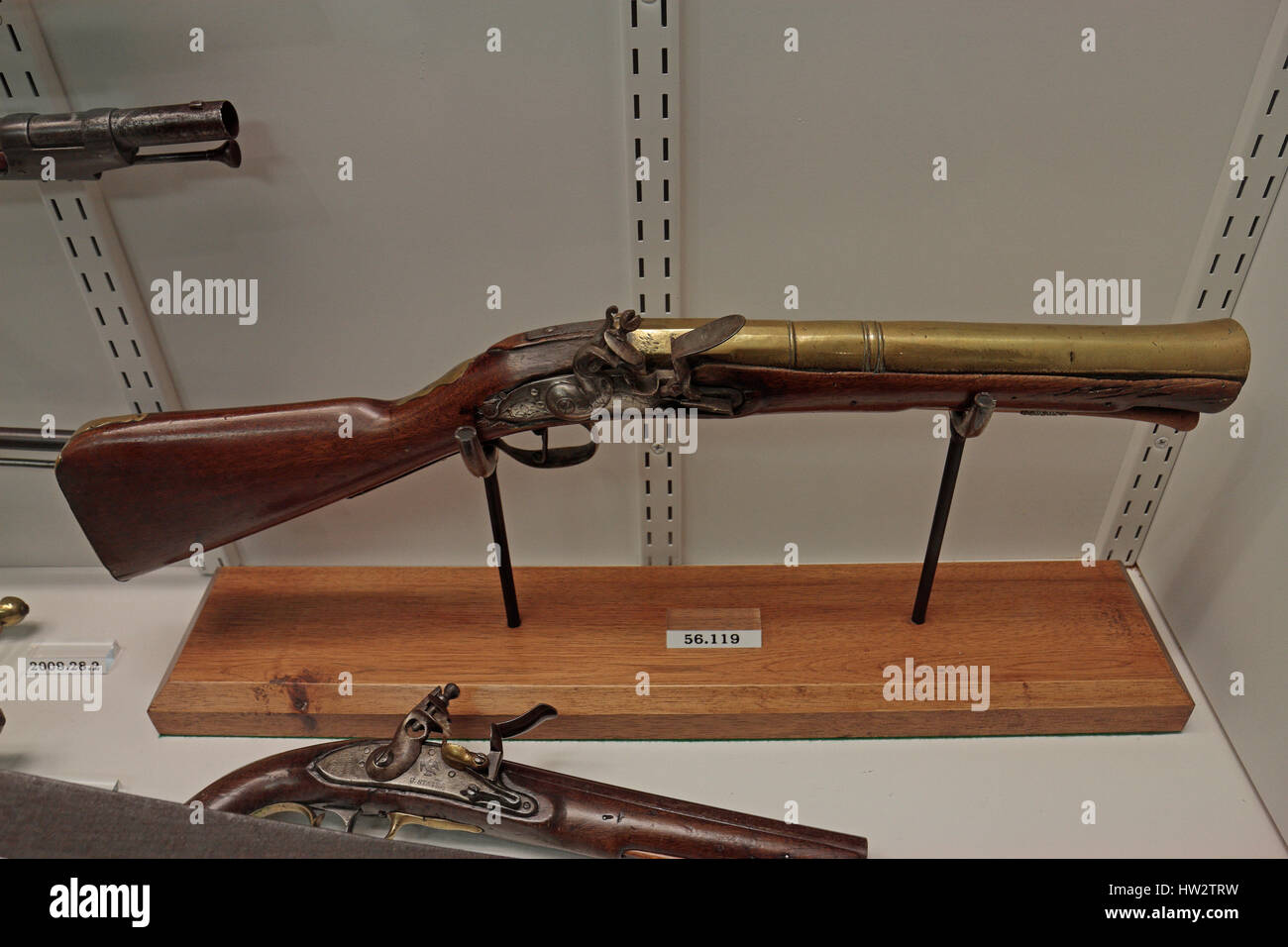 A blunderbuss English gun on display in the Flynt Center of Early New England Life, Historic Deerfield, Franklin County, Ma, United States. Stock Photo