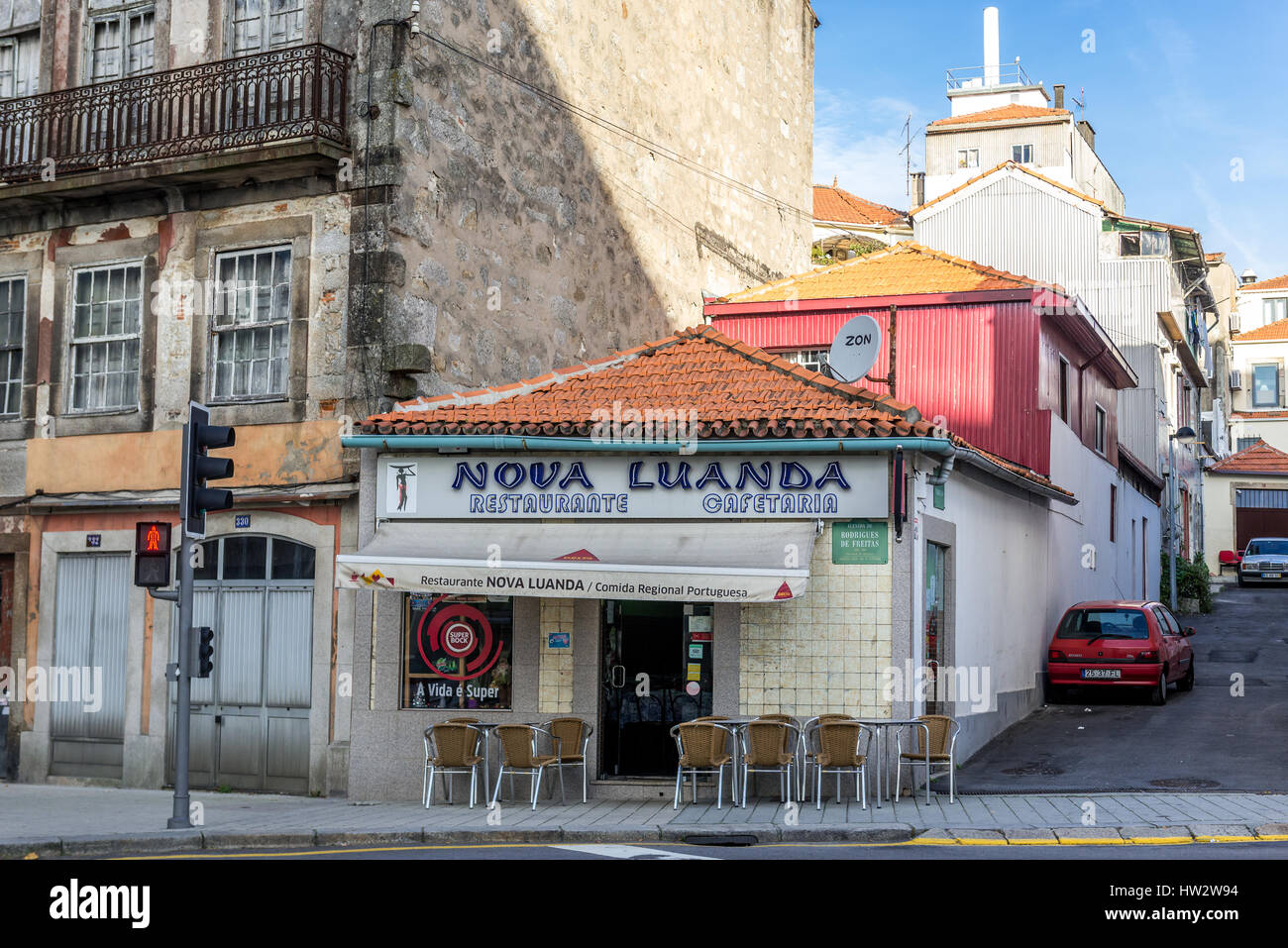 Small restaurant Nova Luanda on Rodrigues de Freitas Street in Porto city on Iberian Peninsula, second largest city in Portugal Stock Photo