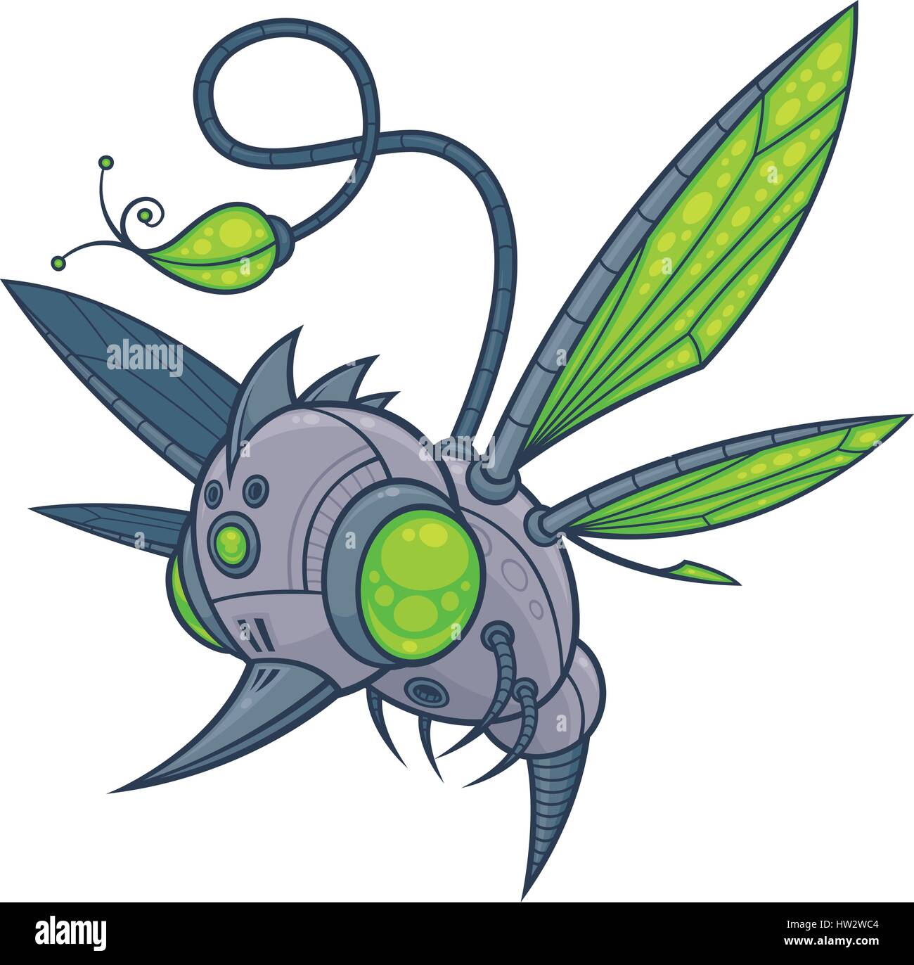 Vector cartoon illustration of a flying robot drone with green eyes and wings. Stock Vector