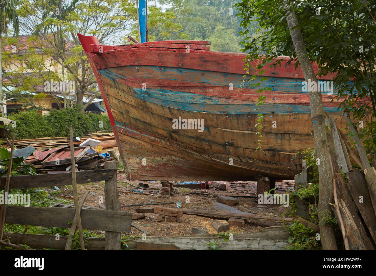 Wooden boat building, Cam Kim Island, Hoi An, Vietnam Stock Photo
