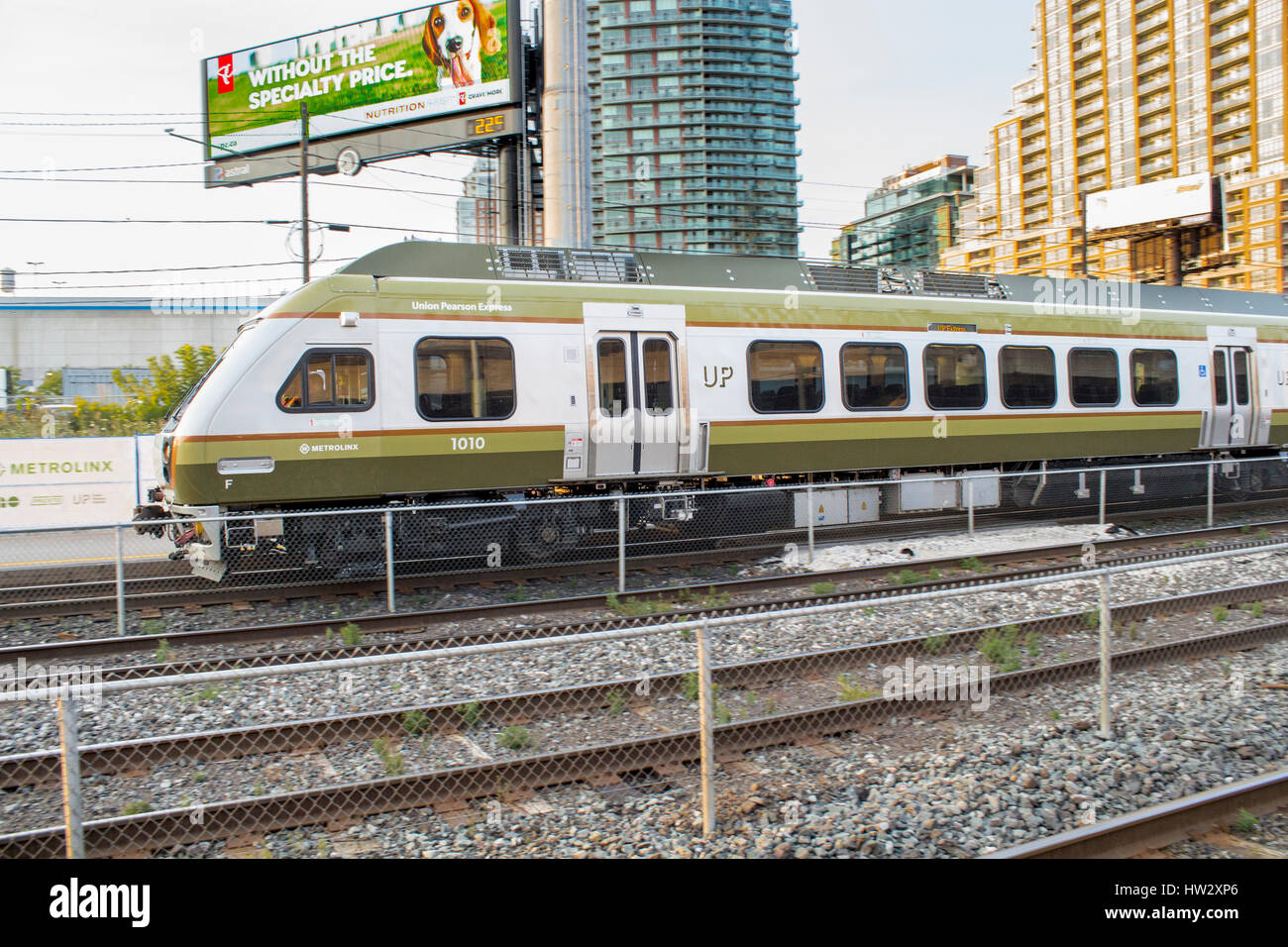 Union Pearson Express train travelling from Union Station in downtown Toronto to Pearson International Airport. Connects passengers to Toronto's two a Stock Photo