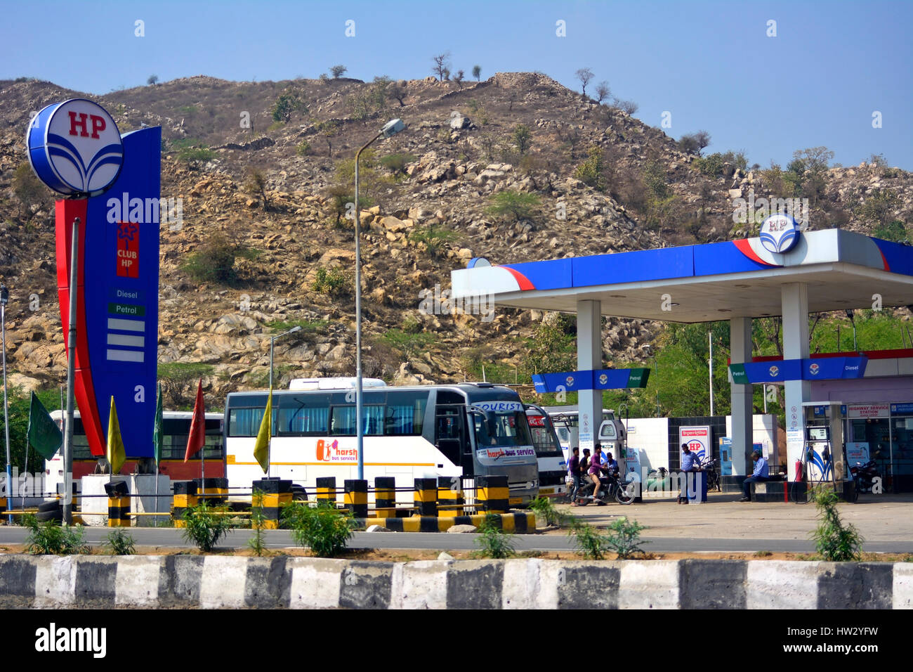 Petrol Pump of Hindustan Petroleum at Jaipur Highway Stock Photo