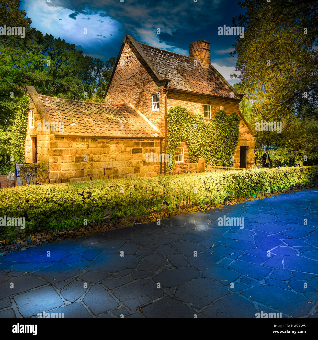 Captain Cook's Cottage, a major tourist attraction in Fitzroy Gardens Melbourne, Australia Artificial night scene Stock Photo