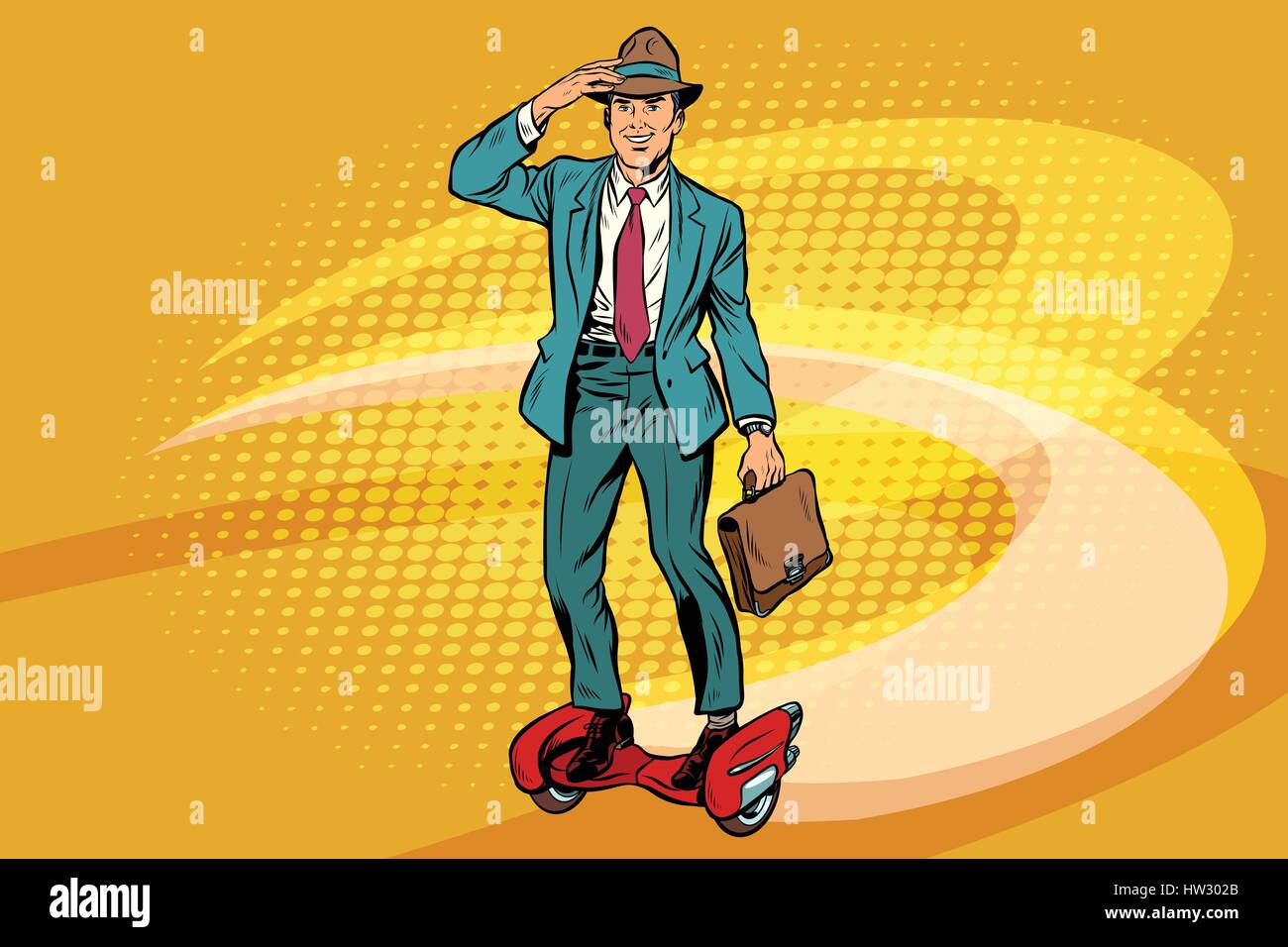 Retro businessman on steampunk rocket skateboard Stock Vector