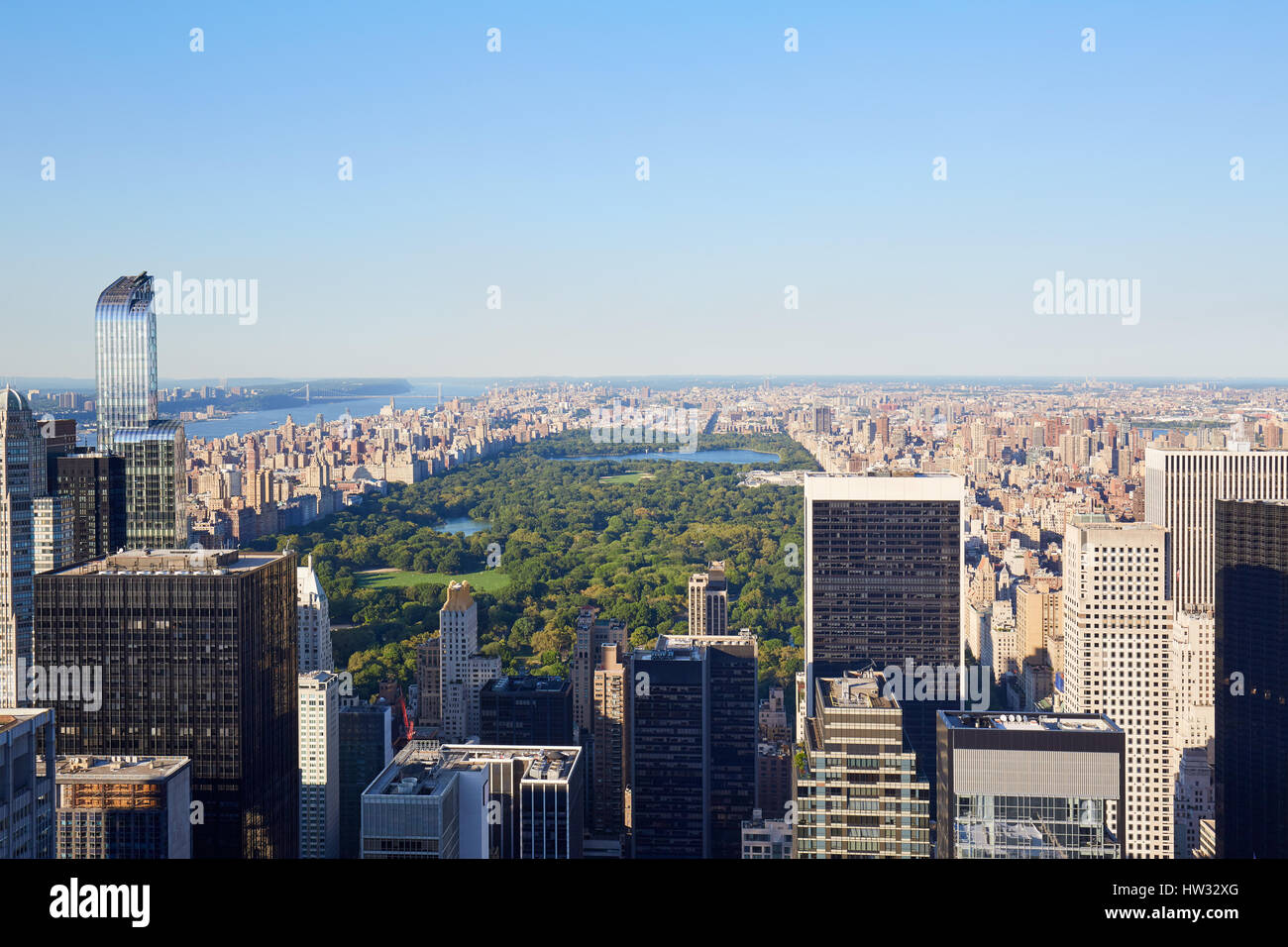 Central Park high angle view in the warm morning light, New York clear blue sky Stock Photo