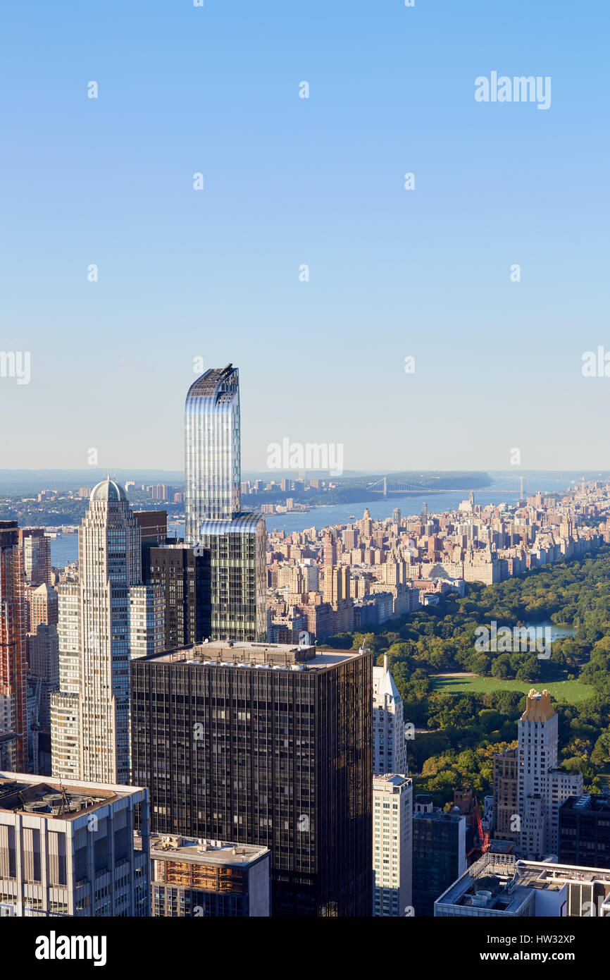 Central Park high angle view in the warm morning light, New York clear blue sky Stock Photo