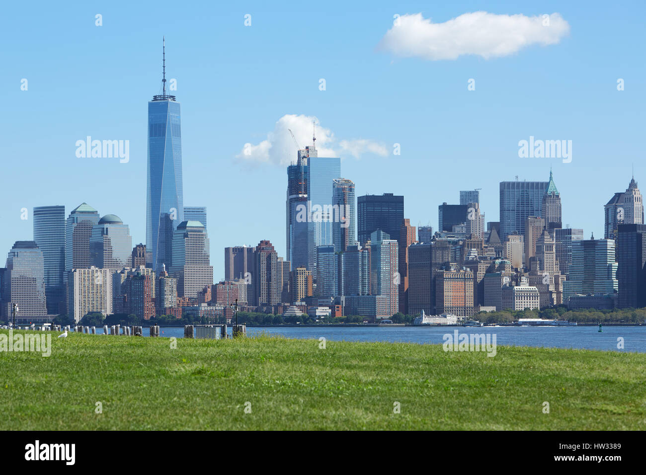 New York city skyline with Liberty tower and green meadow with two white clouds in a sunny day Stock Photo